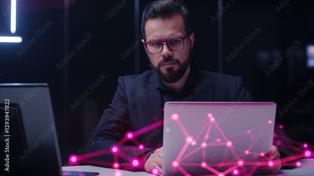 Poster a businessman using an ai-powered tool on a laptop, with glowing lines of code and data streams repr