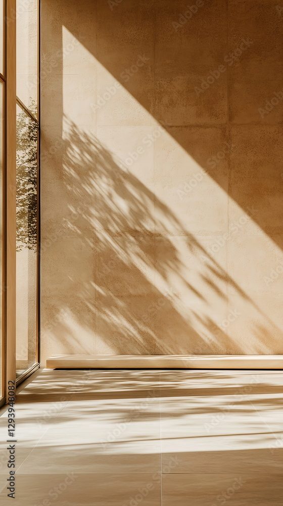 Poster light and shadow from a large window spreading across a textured sandy-colored wall. minimalist open