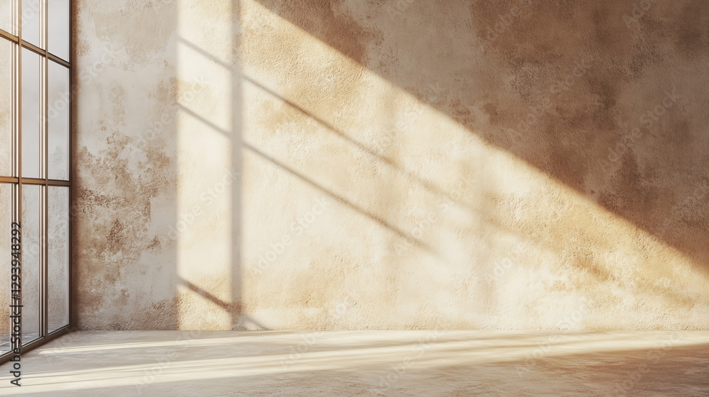 Poster light and shadow from a large window spreading across a textured sandy-colored wall. minimalist open