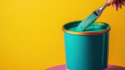 A woman's hand gracefully holding a brush over a can of green paint, standing out against a bold yellow background