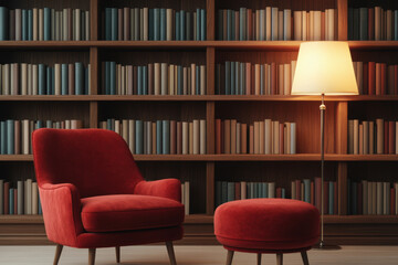 Cozy reading nook with red armchair and ottoman in front of wooden bookshelves under soft lamp light