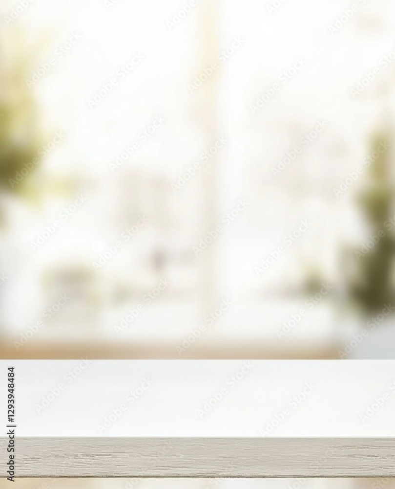 Poster white countertop in front of a blurred, bright window, ideal for product placement and display