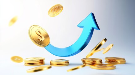 Economic Growth Concept with Gold Coins and Rising Arrow in 3D