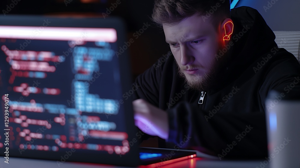 Poster a businessman using an ai-powered tool on a laptop, with glowing lines of code and data streams repr