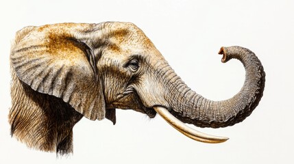 A realistically illustrated elephant&rsquo;s head and upper body, showcasing intricate detailing and nuanced shading. Light brown hues highlight its majestic form