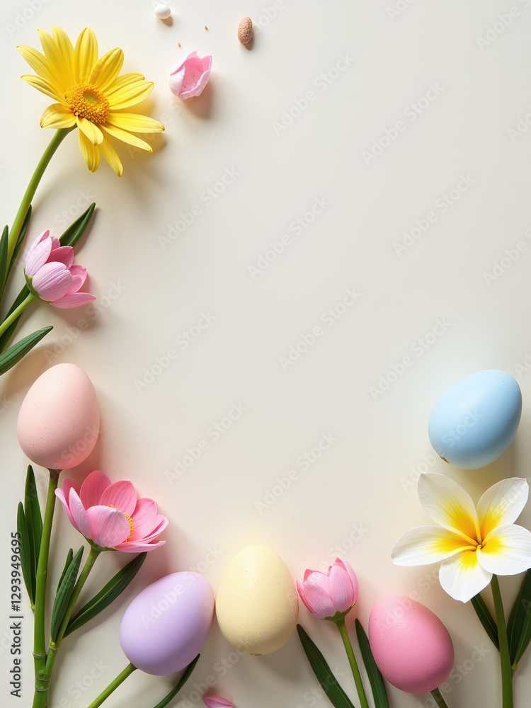 Poster spring flowers and easter eggs arranged on a light background in a flat lay composition for a festiv