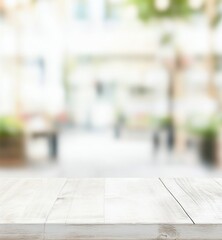A weathered wooden table stands prominently against a blurred, light-filled outdoor backdrop