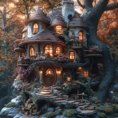 Fototapeta premium Cozy treehouse in autumn forest at sunset
