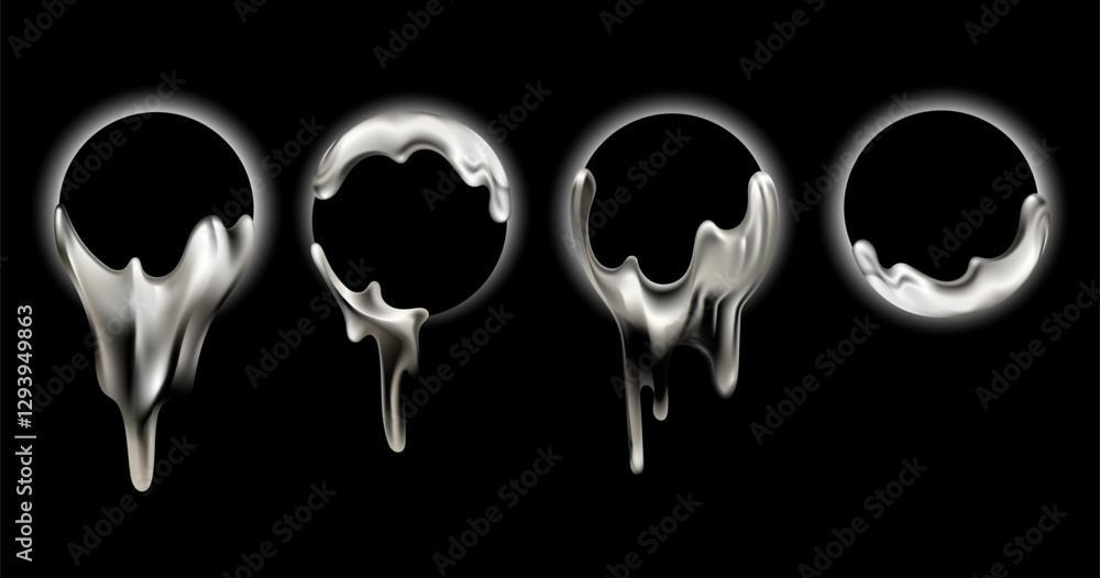 Poster chrome metallic liquid drips forming circular frames set with a glossy effect. liquid metallic drips
