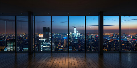 Panoramiczny widok na miasto nocą z nowoczesnego apartamentu.