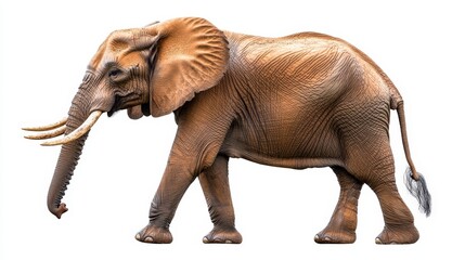 Fototapeta premium A captivating 3D render of a majestic medium-sized elephant, showcasing its thick trunk and prominent tusks. Its light brown, gently wrinkled hide exudes an earthy grace, embodying strength and elegan