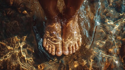 A pair of small feet stepping into clear, fresh water, symbolizing health and vitality, copy space on the right.