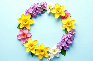 A circular arrangement of vibrant flowers including yellow daffodils and pink blossoms on a light blue backdrop