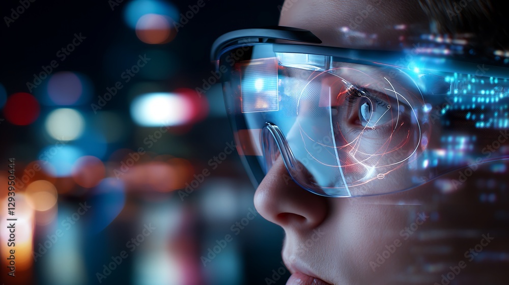 Poster a professional wearing augmented reality glasses, interacting with an ai interface that provides rea