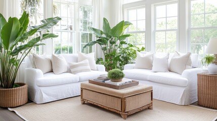 A living room with white furniture and plants. The room has a cozy and inviting atmosphere. The white furniture includes a couch, a coffee table, and a couple of chairs