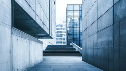 Obraz premium Urban Architectural Pathway Between Modern Concrete and Glass Buildings