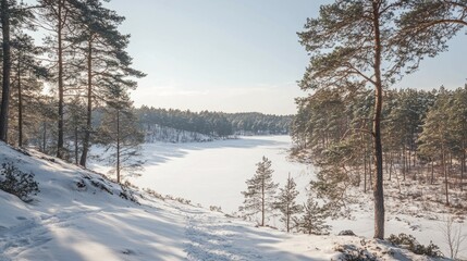 Fototapeta premium Serene Frozen Lake Surrounded by Pine Trees in Winter Landscape