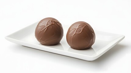 Fototapeta premium Two milk chocolate truffles sit on a white plate