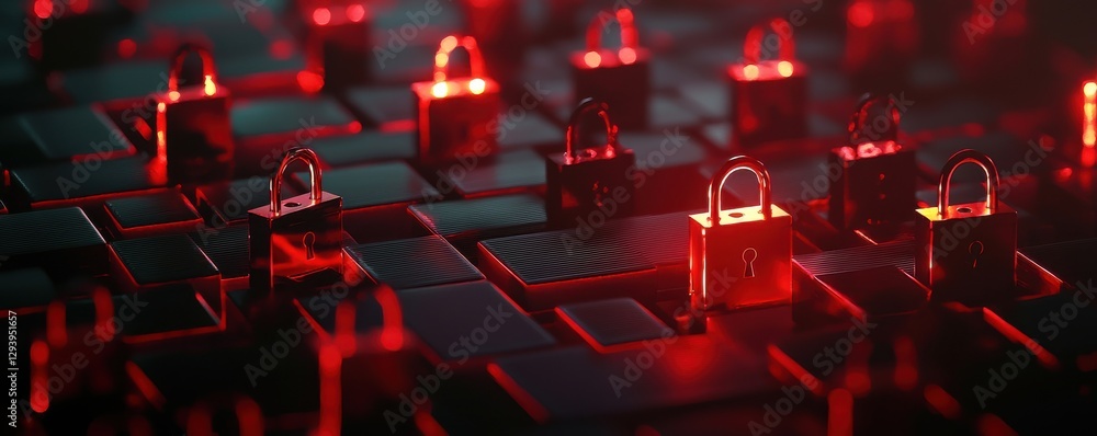 Poster a close-up view of a dark keyboard featuring glowing red locks, symbolizing cybersecurity and digita