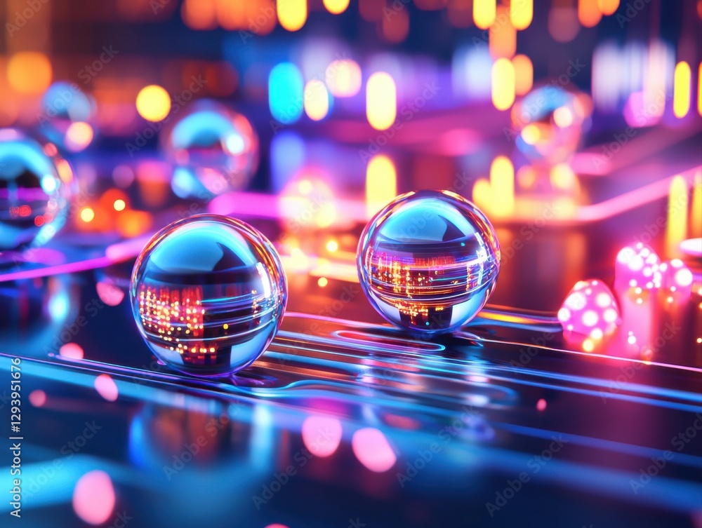 Poster the image features colorful, glowing spheres on a circuit-like background, creating a vibrant, futur