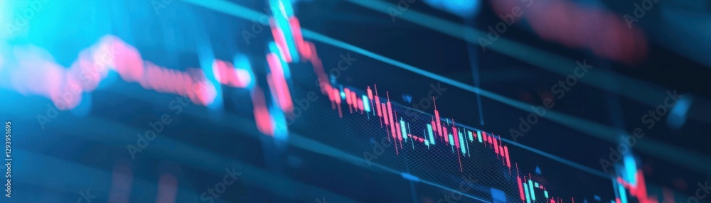Poster a dynamic graph displaying fluctuating data trends in vibrant blue and red tones, representing marke
