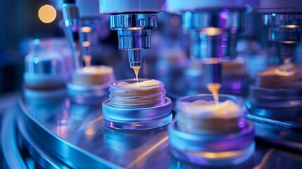 Automated machines fill transparent jars with a thick cream like substance, in a brightly lit factory setting under blue and purple lighting during evening hours.