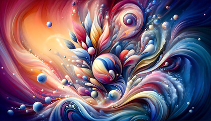 Fototapeta premium Dynamic abstract artwork featuring colorful floral elements, swirling patterns, and vibrant gradients, creating a mesmerizing and dreamlike effect...