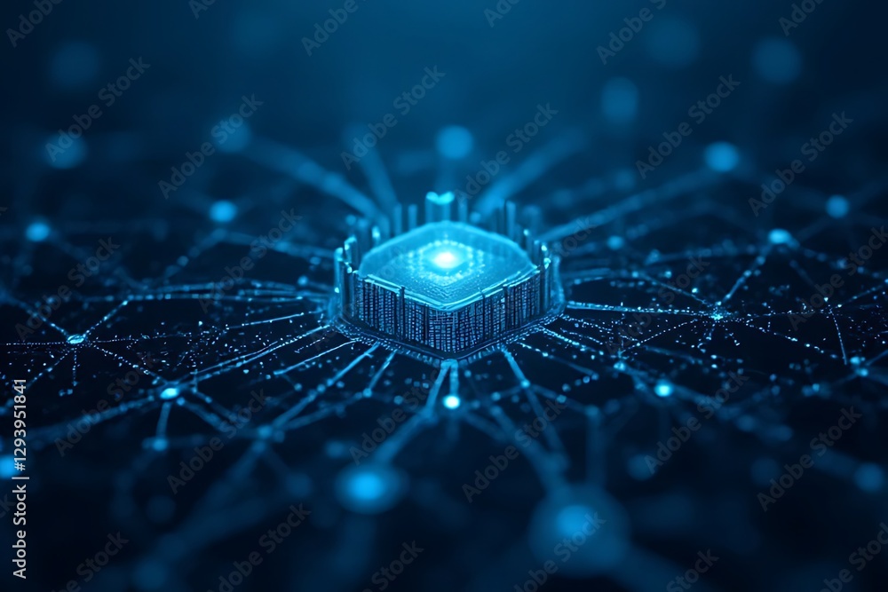 Aufkleber a central processing unit (cpu) at the center of a complex network, visualized with glowing blue nod