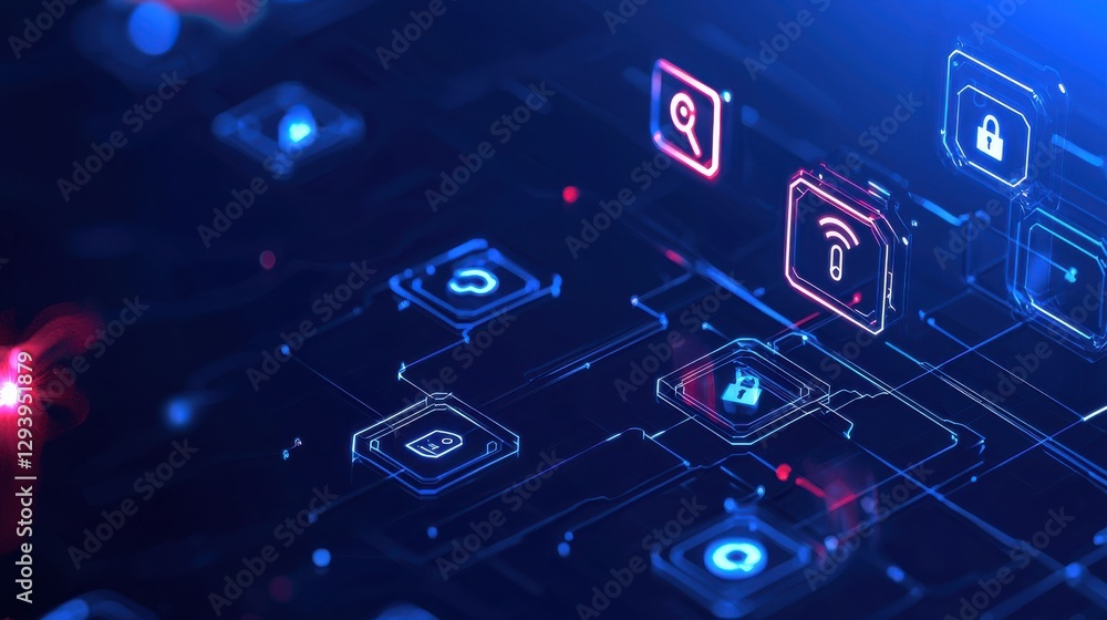 Poster a digital interface showcasing interconnected icons representing technology, security, and connectiv