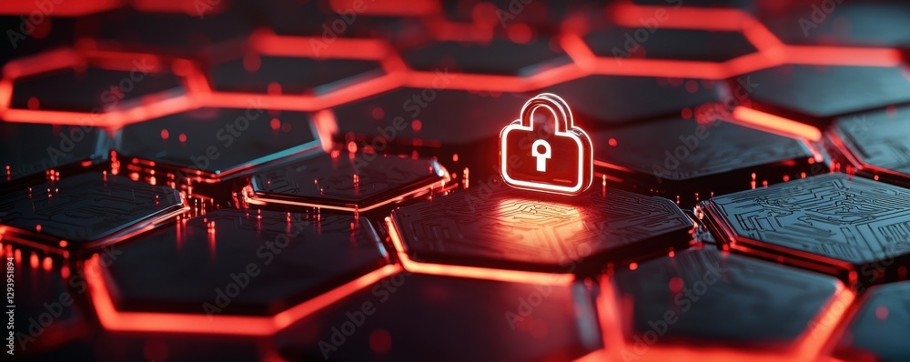 Poster a glowing padlock icon sits on a hexagonal grid, symbolizing cybersecurity and digital protection in