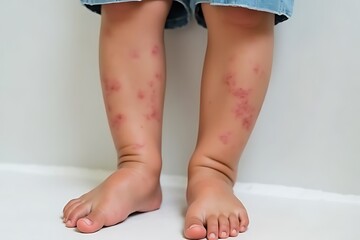 A child's legs show a rash or skin irritation, medical condition