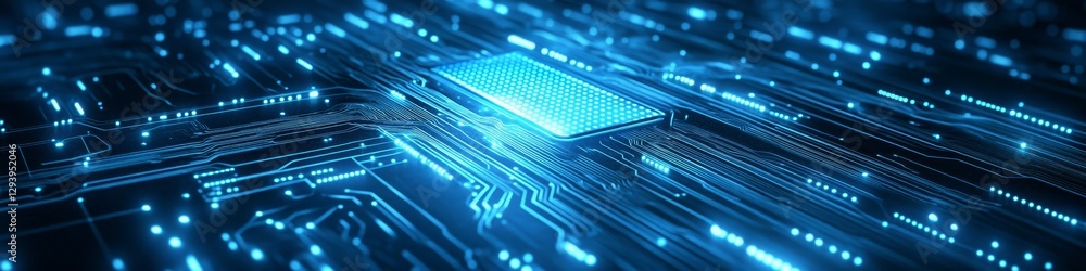 Poster abstract technology background glowing blue circuit board with central processing unit