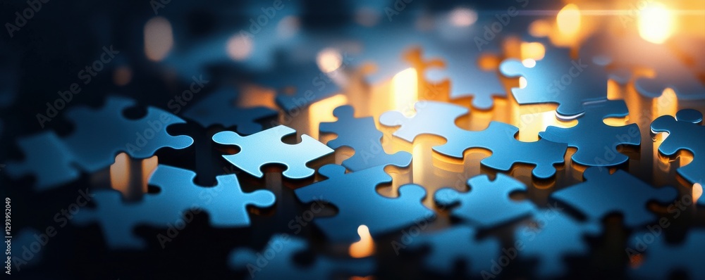 Poster an abstract close-up of scattered puzzle pieces, illuminated by soft lighting, creating a captivatin