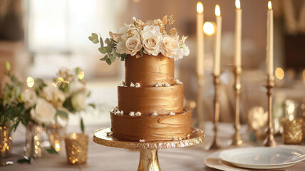 Elegant golden chocolate cake adorned with flowers and candles