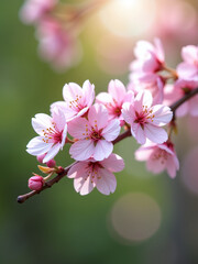 Obraz premium Soft Pink Cherry Blossoms Bloom Against A Natural Background Of Green, Blue, And White Bokeh With Warm Sunny Blurred Light.