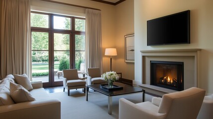 Fototapeta premium A living room with a fireplace and a television. The room is decorated with white furniture and has a cozy atmosphere