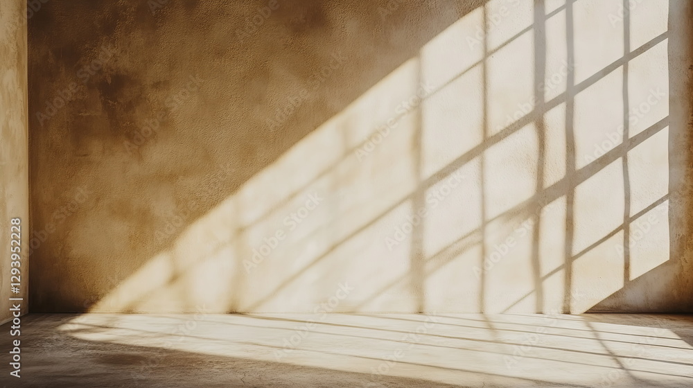 Poster soft light casting long shadows from a window on a beige wall. sun rays filter into a minimalist emp