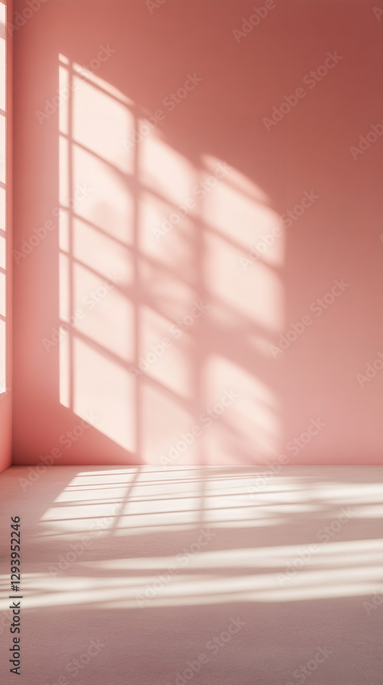 Poster shadows from a single window dividing light and shade on a muted pink wall. calm, open space with a 