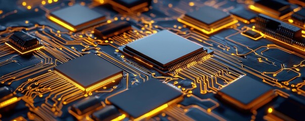 A close-up view of a circuit board featuring intricate microchips and glowing connections, highlighting modern technology and electronic design.