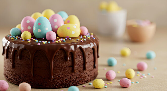 Easter Chocolate Cake with Colorful Candy Eggs and Dripping Ganache. Rich and moist cake, glossy chocolate glaze, pastel polka dot eggs, festive dessert
