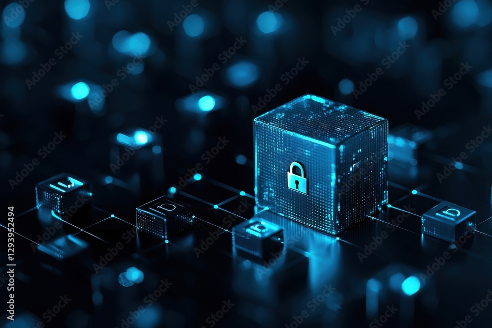 Poster a digital lock icon on a glowing blue cube, surrounded by a network of keys, represents advanced cyb