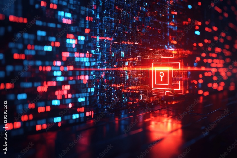 Poster a vivid digital scene depicting glowing data streams with a central lock symbol, representing cybers