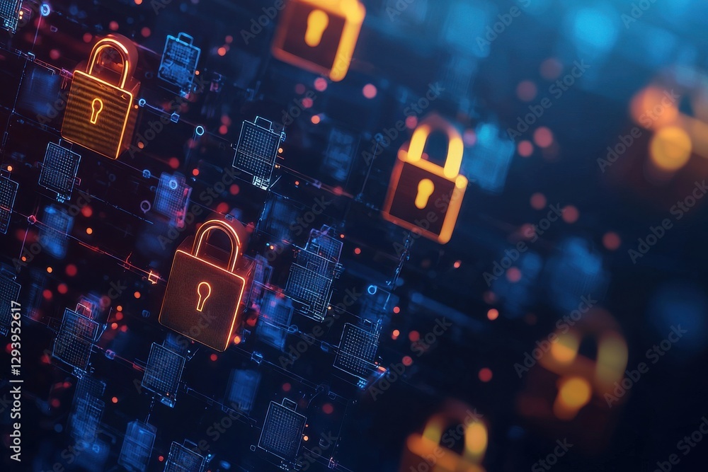 Aufkleber a digital representation of padlocks on a network, symbolizing cybersecurity and data protection wit