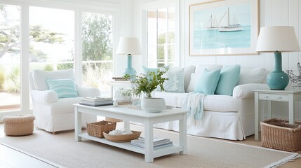 A white living room with a blue couch and a blue chair. A picture of a boat is on the wall
