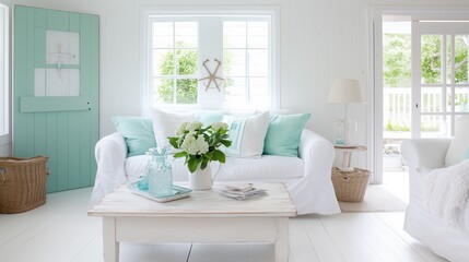 Fototapeta premium A white and blue living room with a white couch and a white coffee table. The couch is covered in pillows and a vase of flowers sits on the coffee table. The room has a clean and modern feel