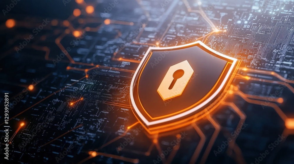 Poster a glowing shield with a keyhole symbolizes cybersecurity amidst a digital circuit background, repres