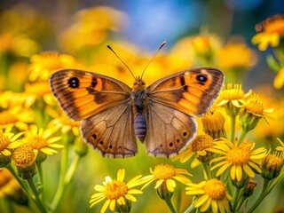 Obraz premium Gatekeeper Butterfly on Ragwort, Peak District Summer Sunshine, Long Exposure