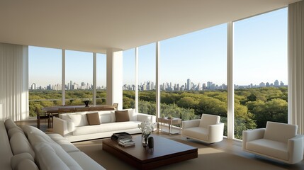 Naklejka premium A large, open living room with a view of the city. The room is filled with white furniture, including a couch, chairs, and a coffee table. The windows let in plenty of natural light, creating a bright