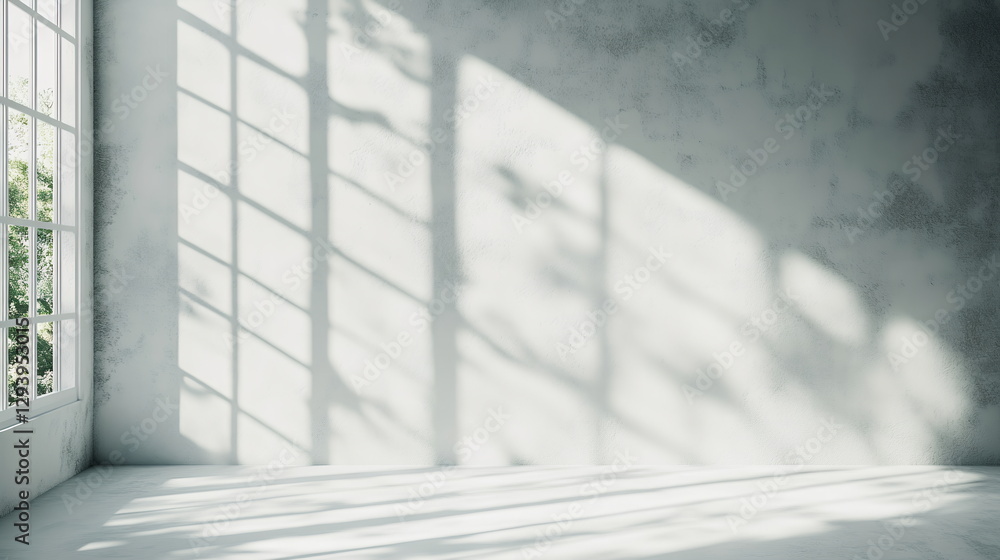 Poster soft shadows from a large window on a pale gray wall. faint light illuminating an empty room with sm
