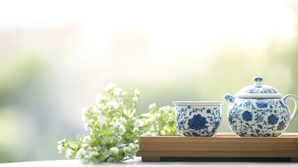 Chinese traditional tea culture and blue and white porcelain tea sets